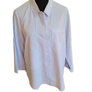 Cali Girls Women Blouse Button Up Collared Quarter Sleeve Pinstripes Blue Medium